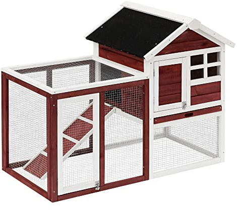 PawHut Kaninchenstall Mehrzweck-Kaninchenstall: obere Nische mit Rampe, Kotplatte, Fenster + sicheres Außengehege 2 Türen 122L x 63l x 92H cm Ziegelrot