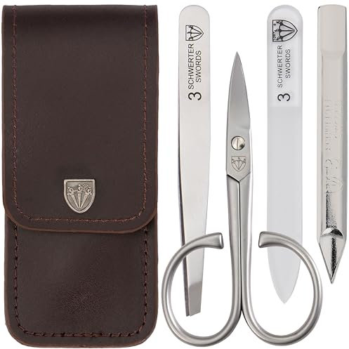 DREI SCHWERTER - Germany 4-tlg. Maniküre Set 'NOSTALGIE' | Maniküre Nagelset im Echt Leder Etui braun | Inhalt: ROSTFREI - Nagelschere, Pinzette, Glasnagelfeile, Doppelinstrument