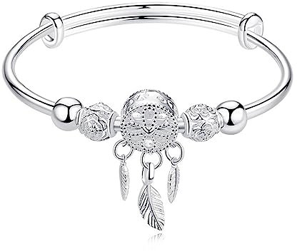 MAKOBLESSMOMO Silberner Traumfänger Quaste, Feder, Bettelarmband, verstellbar, Muttertag, Schmuck, Geschenk, Geburtstag, Weihnachten, Geschenk für Frauen, Mutter,Christmas Gifts for Women Mom Wife