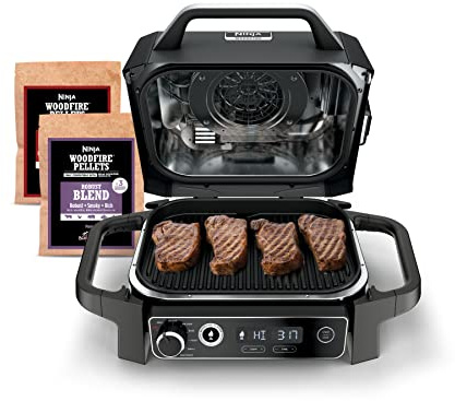 Ninja | Woodfire Series | 7-in-1 (Grill, BBQ, Roast, Air Fry, Dehydrate, Broil, Smoke) | Portable & Weather Resistant | Cook Up To 6 Steaks & 30 Hot Dogs | Woodfire Pellets included | OG701