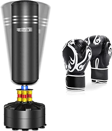 Dripex Sacco Boxe da Terra, 175cm Sacco da Boxe Autoportante MMA con Base a 12 Potenti Ventose, Riempibile Sabbia 80 kg/Acqua 60 KG con i Guantoni da Boxe Nero