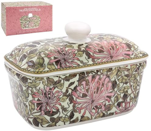 Lesser & Pavey William Morris Honeysuckle Butter Dish with Lid for Kitchen & Home | Fine China Adorable Butter Dish | British Designed Butter Dishes for All Sizes of Butter - LP95389