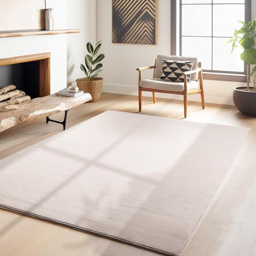 HomebyHome Kurzflor Teppich Wohnzimmer 140 x 200 cm Beige - Waschbarer Teppich für Schlafzimmer, Esszimmer und Ideal als Küchenteppich - Flauschiger Teppich Extra Weich, Einfarbig, rutschfest, Modern