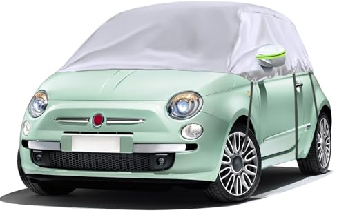 Opaltool Telo Copriauto Mezza Copertura Adatta per 2007-2023 F-iat 500, Argento Mezza Copertura Auto con Ganci Regolabili e Tappi per le Orecchie con Striscia Riflettente