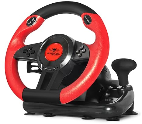 R-ACE Wheel Pro 1 – Lenkrad + Pedale – Für PC entwickelt/Drehwinkel 180° / Schalthebel/sequenzielle Schaltwippen / 8 programmierbare Tasten/Gas- und Bremspedale/Befestigungshalterung