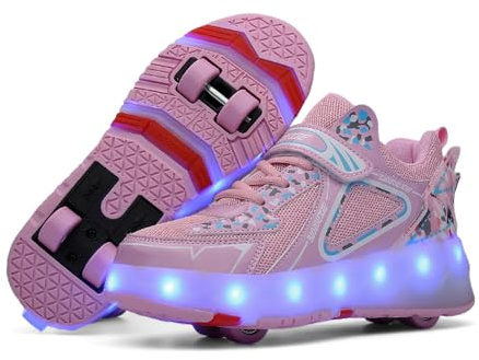 Mateju Chaussures à roulettes Fille Garçon, 2 en 1 Patins à roulettes Rétractable Enfant avec 4 roulettes Chaussures de Skateboard Réglables Adolescents pour Femme Homme 33 EU Rose