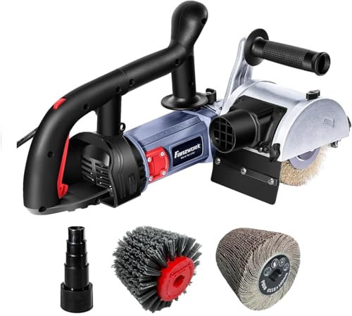 FANZWORK V2 1500 Watt Satiniermaschine zur Renovierung von Oberflächen aller Art, mit Staubsaugung-Anschluss, Drehzahlregelung, Kugelgriff, Stahldraht& Nylon & Schleifpapier Bürste