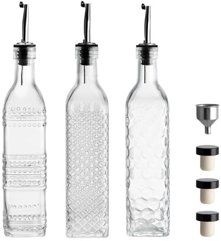 BIMUYI Glass Olive Oil Bottle Dispenser Set, 500ml Vinegar Dispenser Bottles, Kitchen Olive Oil Decanter Containers with Stainless Steel Funnel, 3 Spouts, 3 Plugs, Pack of 3
