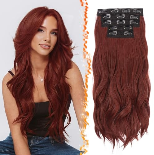 BARSDAR Medio Auburn Extension Capelli a Clip, 50cm Ondulati Clip in Estensioni di Capelli per Donna 5PCS Spesso Layered Hair Extensions Lace Sintetici Posticci Auburn Extensions
