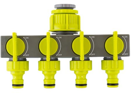 RoseFlower Leak-Proof Sturdy Garden Hose Splitter 4 Way, Outdoor Tap Connector, 3/4 and 1/2 Tap Distributor for Outside Tap Fitting and Garden Hoses, Individual On-Off Valve Water Tap Splitter