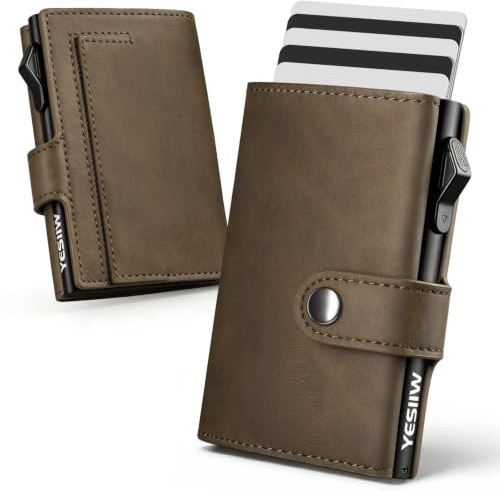 YESIIW Card Holder Mens Wallet RFID Blocking Leather Minimalist Smart Pop Up Wallet with 9 Cards, 2 ID Window, Trifold Credit Card Wallets for Men UK Magnetic Coin Pocket (Crazy Horse Brown