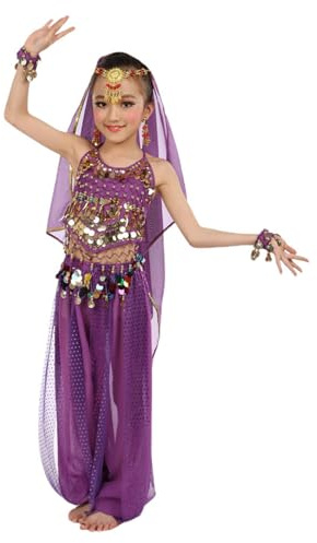 Generisch 2025 Dulce disfraz de danza india para niñas, espectáculo de danza infantil, danza del vientre, conjunto de malla de lentejuelas para niñas, morado, 5-6 Años