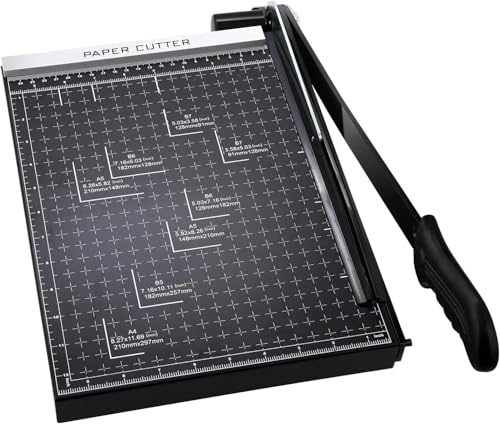 Taglierina per carta A4-B7, lunghezza di taglio 300 mm, taglierina a ghigliottina per cartone, base in metallo con blocco di sicurezza della lama e doppie guide, capacità 12 fogli (Nero)