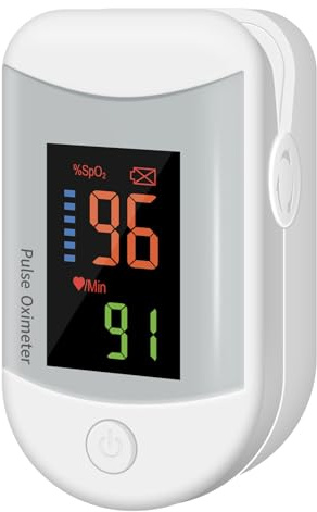 Tragbarer Finger Pulsoximeter für Fitness und Outdoor, Sauerstoffsättigung & Pulsrate Anzeige, OLED Bildschirm mit Batterien und Band (Weiß, 1 Stück)