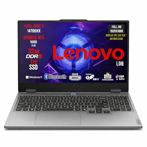 Lenovo Loq Pc Gaming Portatile i7 14700HX, 32 GB RAM DDR5, GeForce RTX 5050 8GB, SSD 1TB, Notebook Gaming Display IPS 15,6 FHD 144Hz, Laptop Gaming Tastiera Retroilluminata, Wi-Fi 6, Thunderbolt