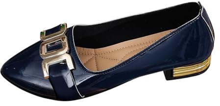 Ballerinas Women's Comfortable Small Heel Leather Pumps Women's Shoes Comfort Chic Pointed Toe Low Opening Patent Leather Metal Detail Retro Style Elegant for Office Daily Outing, 01 Navy Blue, 4 UK