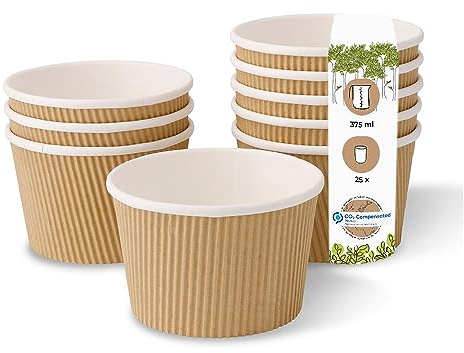 GREENBOX engångs ekologiska soppmugg To Go soppor engångsporslin I räfflad kopp soppor kraft-kartong mugg med PLA inre beläggning vit/brun, obblekt I 25 engångsmuggar komposterbara 375 ml