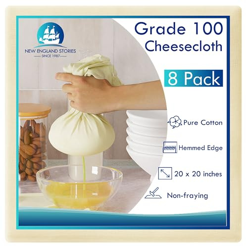 8 PCS Reusable Cheesecloth, Grade 100, 20x20 Inch Hemmed Cheese Cloth for Straining Craft, 100% Cotton Unbleached Cloth Strainer for Cooking, Baking, Juicing, Cheese Making