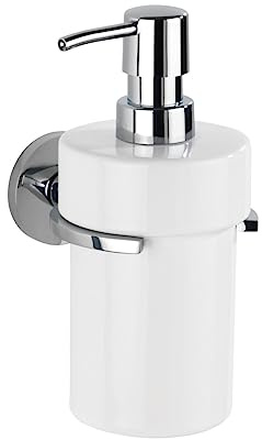 WENKO UV-Loc Seifenspender Isera, nachfüllbar, 360 ml Spender aus Keramik zum Befestigen ohne Bohren mit innovativem Klebesystem, Halterung aus Vierkantrohr & Zinkdruckguss, rostfrei, 10 x 18 x 11 cm