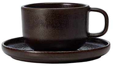 ROCKZZERO 6 Kaffeetassen und Untertassen im Set - Steingut, spülmaschinenfest - Steingut Tassen aus umweltfreundlichen Rohstoffen - Braun - 275 ml - Unterteller 14,5 cm Durchmesser