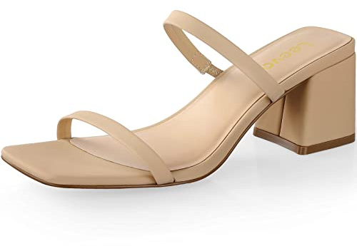 Leevar Square Toe Heeled Sandals for Women - Women's Low Block Heels Sandals - 2.25IN Open Toe Ankle Strap Chunky Heels - Slip on Heeled Sandal Mule- Nude Black Strappy Heels for Party Wedding Dress Shoes,Nude Nubuck,Size 8.5
