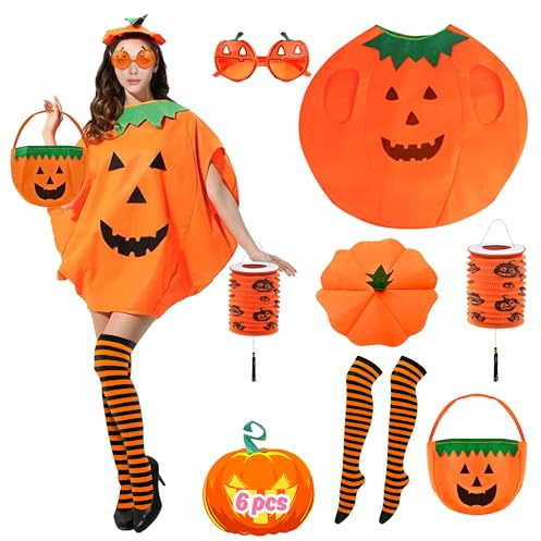 Abitoncc 6 PCS Halloween Pumpkin Costume for Adults With Socks, Glasses, Hand Bag - Women's Fancy Dress Outfit