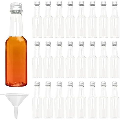 24 Stk Mini Fläschchen, 100ml Fläschchen Plastik, Leere Kleine Schnapsflaschen mit Trichter, Miniaturflaschen mit Deckel, Alkoholflaschen Saucenflaschen für Hochzeiten Partys (Silber Deckel)