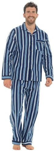 GM Apparel Men’s Traditional Brushed Flannel Comfy Pyjamas Set – PJ Lounge Wear Nightwear – Cosy Soft Feel and Comfy Sleepwear – 100% Cotton (XXL - NAVY STRIPE)