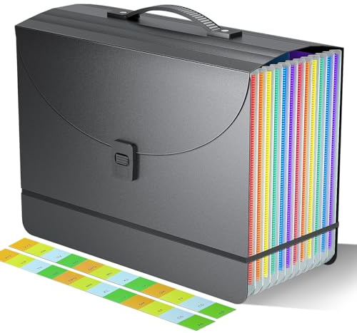 Expanding File Folder/Accordion File Organizer/Portable File Box with 13 Pockets,Fun Storage Filing Folders with Handle,Perfect for Both Standing and Carrying,A4/Letter Size,Colored Tabs,Black Matte