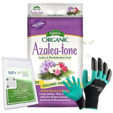 Espoma AT18 Azalea-Tone 4-3-4; 18 lb. Bag with My Garden Pool PH Soil Test Strips 20 ct, and My Garden Pool Superior Gardening Claw Gloves and Garden-IQ, Smart Gardening AI Assistant!
