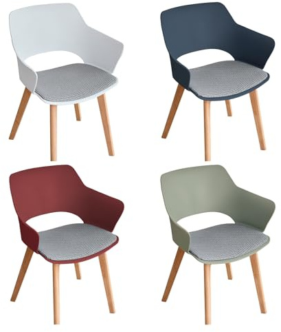 JZGORC Juego de 4 Sillas de Comedor Escandinavas, Silla de Comedor de Estilo Nórdico con Reposabrazos, Patas de Haya, Silla de Cocina Tapizada a Cuadros de Lino - Blanco+ Rojo + Verde + Azul