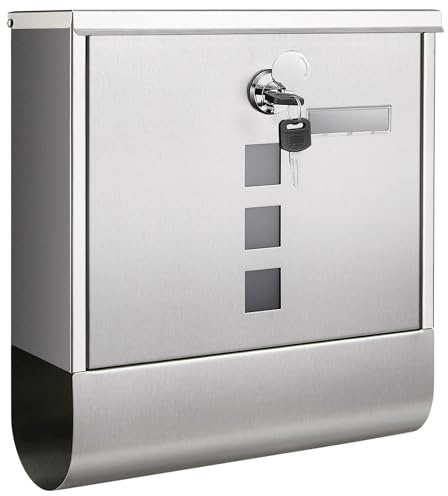SONGMICS XXL Briefkasten, Edelstahl mit Zeitungsfach, Schloss mit Kupfer-Schließzylinder und drehbarer Abdeckung, Sichtfenster, Namensschild, einfache Montage, 11 x 37 x 37 cm, silbern GMB120E01