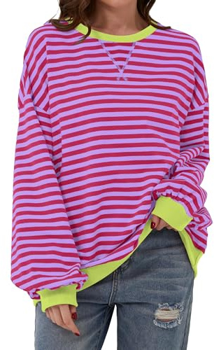 Chicrise Sudaderas Mujer Gran Tamaño Manga Larga Chandal Rayas Cuello Redondo Blusa Casual Elegante Morado Medio 38-40
