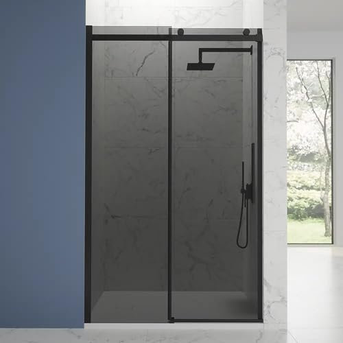 Box Doccia Porta Nicchia 110cm Apertura Scorrevole Vetro Temperato Fumè 8mm Anticalcare Installazione Reversibile Profili In Alluminio Nero Opaco Altezza 195cm Mod. Creta