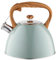 Tetera FLORINA (2,5 l) | Tetera de Acero Inoxidable FRANK | Tetera Flauta Mango de Madera | Silbato Automático | Tetera para Estufa de Inducción, Estufa de Gas y Estufa Eléctrica | Color: verde mate