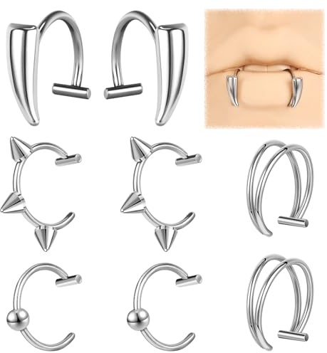 ZS Stainless Steel Fake Lip Ring Vampire Teeth Ring, Adjustable Fake Lip Piercing Non-Piercing Lip Cuff Ear Cuff Earrings Fake Septum Nose Piercing Jewelry For Women Men (Sliver)