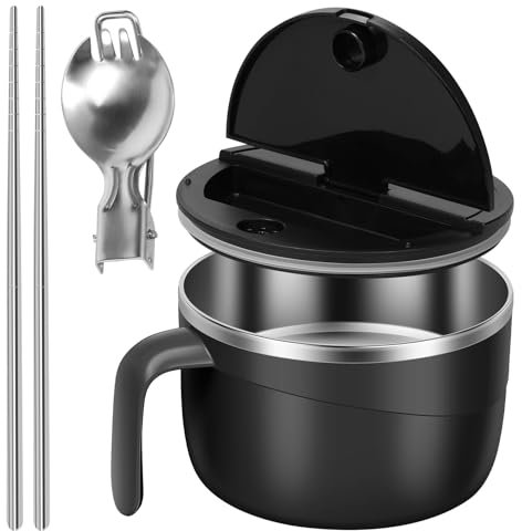 Ramen Schüssel mit Deckel 1200ml, Instant-Nudeln Schüssel Edelstahl, mit Abluftfilter Wasserauslass, Griff, Faltbarem Löffel Essstäbchen, Ramenschüssel Instant für Kochen Nudeln (Schwarz)