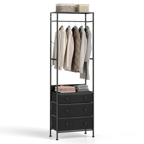 GIANTEX Perchero de Pie con 3 Cajones de Tela y Estante Superior, 55 x 28 x 176 cm, Organizador de Ropa, Perchero para Entrada, Dormitorio, Salón (Negro)