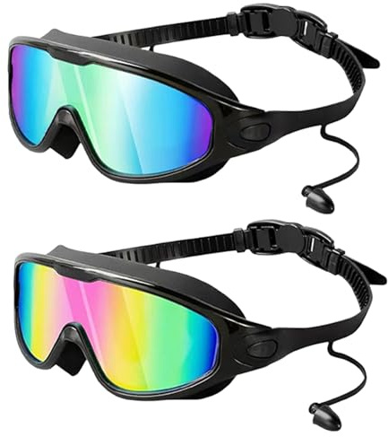 AYNKH 2PCS Swimming Goggles, Wide Vision Anti-Fog Protection Set with Leak-Proof Silicone Seal with Earplugs for Men and Women Swimming Training, Pool and Open Water