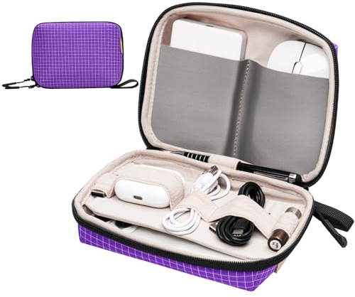 SIMTOP Kompakt Kabelorganizer, Elektronikväska för Laptopp/Powerbank/Kablar/SD-kort - Perfekt för Resor, Kontor & Fotografering,Lila Rutnät