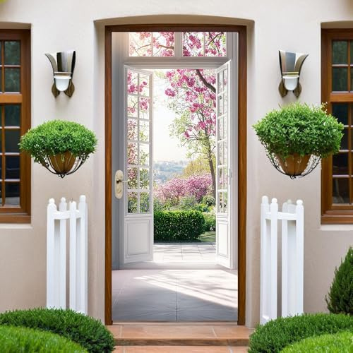 Rojo Pegatinas De Puerta Mural Hermosa vista del jardín del balcón. 3D Door Sticker Papel Autoadhesivo Vinilo Etiqueta De La Pared Arte Adhesivo Puerta Dormitorio Baño Cocina Decoration 83x204 cm