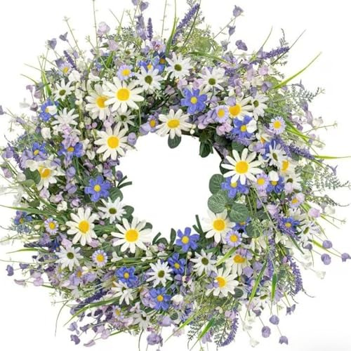 22 Inch Artificial Spring Wreath for Front Door, Daisy and Lavender Flower Wreath, Spring Summer Door Decor for Farmhouse, Porch, Wall, Home Seasonal Decoration
