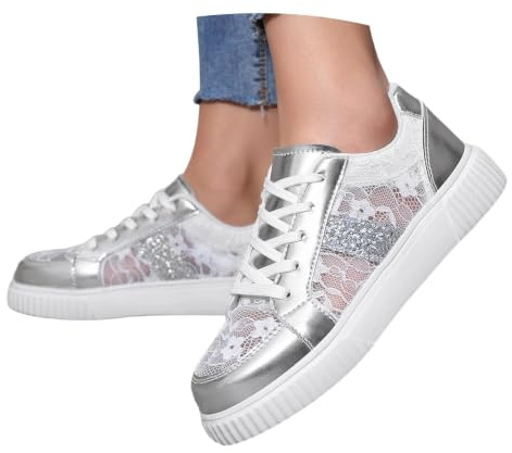 Generisch Baskets traditionnelles pour femme - Chaussures blanches pour femme - Chaussures en tissu Dirndl - Élégantes et confortables - Blanc - Chaussures d'été plates et respirantes