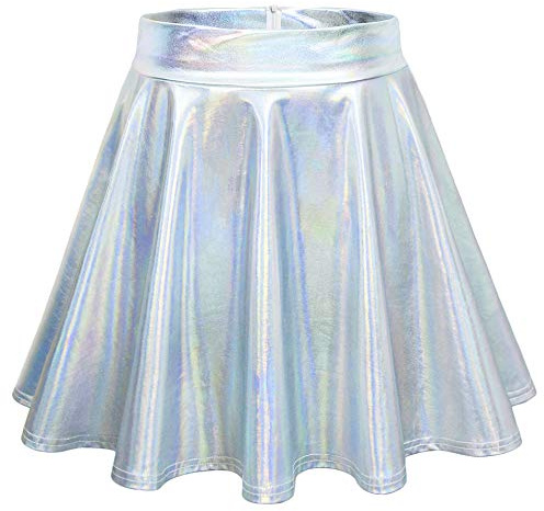 Odosalii Jupe de patineur extensible pour femme - Mini cloches - Taille haute - Jupe plissée métallique, Laser argenté - Fermeture éclair., S