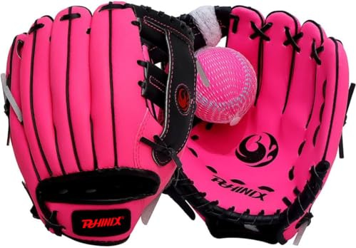 PHINIX 8 1/2 Baseball Glove Tee Ball Mitts and Foam Ball for Kids Beginner Play Training Right Hand Throw Pink