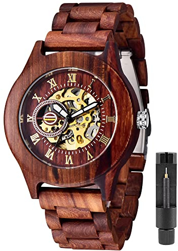 Tiong Men's Wooden Mechanical Watch Automatic Battery-Free Men's Watch, Mens Skeleton Wooden Watch