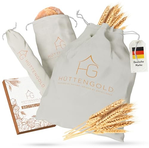 Hüttengold Brotbeutel Leinen 3er Set - Brottasche für Brot & Brötchen - 40x30cm Leinensack zum Brot aufbewahren - Brotsack Leinen, Brotbeutel Stoff