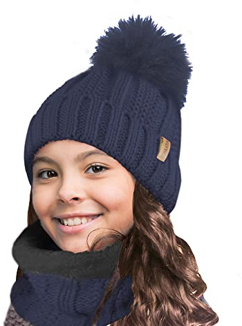 TOSKATOK Bambini Ragazze Inverno Rib Seed Stitch Termico Caldo Accogliente Foderato In Pile Scaldacollo Snood Sciarpa con Cappello Set