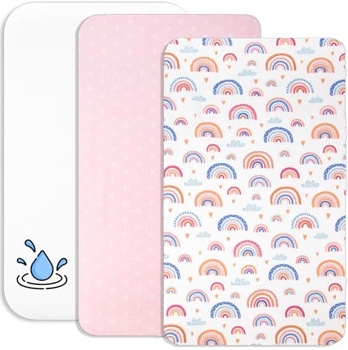 Lovely Hippo 2X Spannbettlaken 90x55 cm 100% Baumwolle + 1X Matratzenschoner 100% wasserdichtem Material - Set 3X 90x55 - Kompatibel Kinderkraft Neste Up (Regenbogenfarben, 55 x 90 cm)