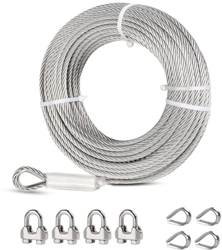 6mm Steel Wire Rope, 15M Stainless Steel Wire Rope Kit, 7x19 Strand Steel Cable with Loops,Clips & Thimble,Heavy Duty Steel Cable for Zipline, Deck Railing, Boat Lifts (6mm/15M)